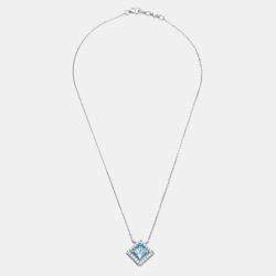 Pre Owned 3.5 cts Blue Princess Round Lab Grown Diamond 18k White Gold Necklace