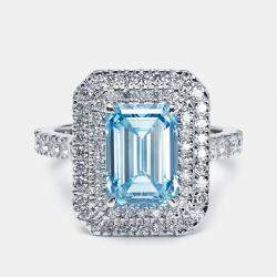 Pre Owned 3.9 cts Vivid Blue Emerald, Round Lab Grown Diamonds 18k White Gold Ring Size 51