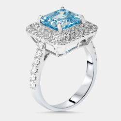 Pre Owned 3.9 cts Vivid Blue Asscher, Round Lab Grown Diamonds 18k White Gold Ring Size 51