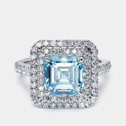 Pre Owned 3.9 cts Vivid Blue Asscher, Round Lab Grown Diamonds 18k White Gold Ring Size 51