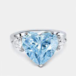 Pre Owned 6 cts VIvid Blue Heart, Trillion Lab Grown Diamonds 18k White Gold Ring Size 52