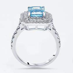 Pre Owned 3.9 cts Vivid Blue Emerald, Round Lab Grown Diamonds 18k White Gold Ring Size 52