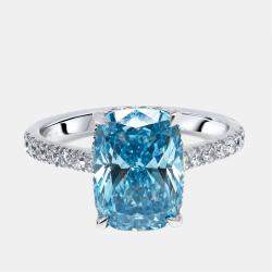 Pre Owned 3.4 cts Vivid Blue Radiant, Round Lab Grown Diamonds 18k White Gold Ring Size 52