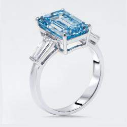 Pre Owned 5.8 cts Vivid Blue Emerald Cut, Trapezoid Lab Grown Diamonds 18k White Gold Ring Size 52
