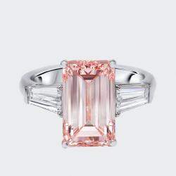 Pre Owned 5.8 cts Pink Emerald Cut, Trapezoid Lab Grown Diamonds 18k White Gold Ring Size 52