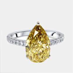 Pre Owned 4.5 cts Fancy Yellow Pear, Round Lab Grown Diamonds 18k White Gold Ring Size 52