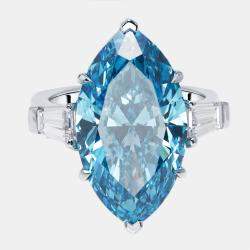 Pre Owned 11.03 cts Vivid Blue Marquise, Trapazoid Lab Grown Diamonds 18k White Gold Ring Size 52