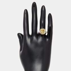 Pre Owned 9.22 cts Fancy Yellow Cushion, Trapezoid Lab Grown Diamonds 18k Two Tone Gold Ring Size 53