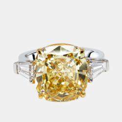 Pre Owned 9.22 cts Fancy Yellow Cushion, Trapezoid Lab Grown Diamonds 18k Two Tone Gold Ring Size 53