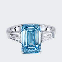 Pre Owned 5.8 cts Vivid Blue Emerald Cut, Trapezoid Lab Grown Diamonds 18k White Gold Ring Size 53