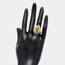 Pre Owned 16.5 cts Fancy Yellow Pear, Round Lab Grown Diamonds 18k Two Tone Gold Ring Size 55
