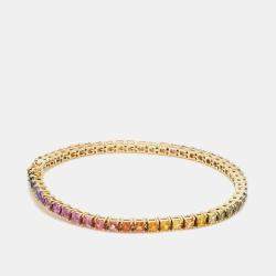 Pre Owned 16 cts Rainbow Princess Cut Gemstones 18k Yellow Gold Tennis Bracelet