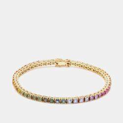 Pre Owned 16 cts Rainbow Princess Cut Gemstones 18k Yellow Gold Tennis Bracelet