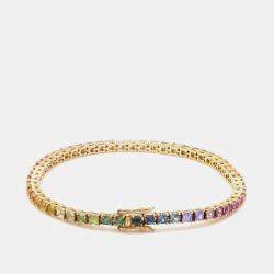 Pre Owned 16 cts Rainbow Princess Cut Gemstones 18k Yellow Gold Tennis Bracelet