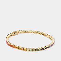 Pre Owned 16 cts Rainbow Princess Cut Gemstones 18k Yellow Gold Tennis Bracelet