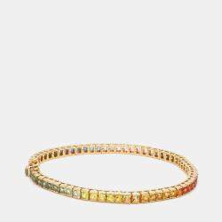 Pre Owned 16 cts Rainbow Sapphire Princess Cut Gemstones 18k Yellow Gold Tennis Bracelet