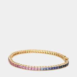 Pre Owned 16 cts Rainbow Sapphire Princess Cut Gemstones 18k Yellow Gold Tennis Bracelet