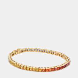 Pre Owned 16 cts Rainbow Sapphire Princess Cut Gemstones 18k Yellow Gold Tennis Bracelet