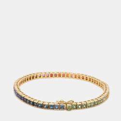 Pre Owned 16 cts Rainbow Sapphire Princess Cut Gemstones 18k Yellow Gold Tennis Bracelet