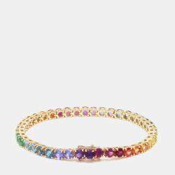 Pre Owned 14 cts Rainbow Sapphire Round Cut Gemstones 18k Yellow Gold Tennis Bracelet