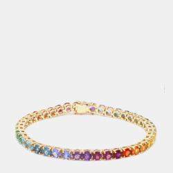 Pre Owned 14 cts Rainbow Sapphire Round Cut Gemstones 18k Yellow Gold Tennis Bracelet