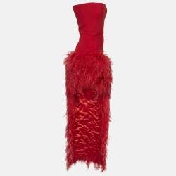 The New Arrivals By Ilkyaz Ozel Red Crepe Fur Trim Giselle In Pedro Dress S