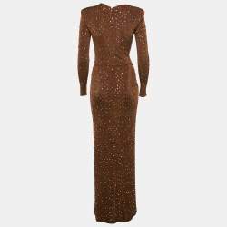 Pre Owned The New Arrivals By Ilkyaz Ozel Brown Jersey Rhinestone Detail Ruche Maxi Dress XS