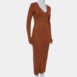 The Range Brown Rib Knit Button Front Midi Dress M