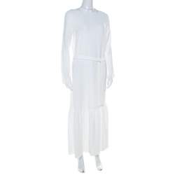 Pre Owned The Row Off White Crepe Flounce Hem Belted Lulchin Maxi Dress XS