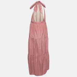 Pre Owned Theory Coral Pink Cotton Blend Halter Neck Tiered Maxi Dress S