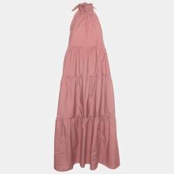 Pre Owned Theory Coral Pink Cotton Blend Halter Neck Tiered Maxi Dress S