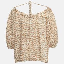 Pre Owned Theory Brown Desert Lawn Print Crepe SS Scoop Tie Top S