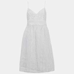 Pre Owned Theory White Striped Linen Midi Dress M