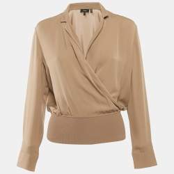 مملوكة مسبق ًا توب ثيوري بني بأكمام طويلة وياقة على شكل حرف V صغير