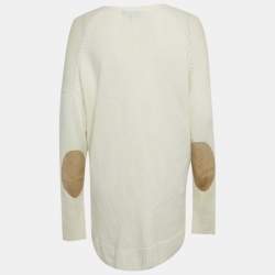 Pre Owned Theory Ivory Wool Knit Leather Patch Cardigan M