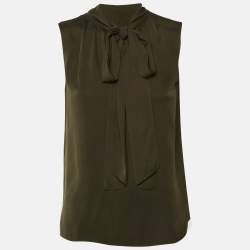 Pre Owned Theory Olive Green Silk Tie Neck Sleeveless Top S