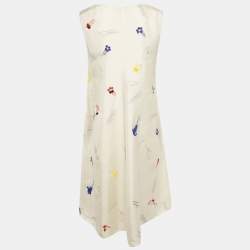 Pre Owned Theory Cream Abstract Print Embroidered A-Line Dress S