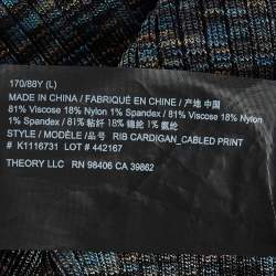 Pre Owned Theory Navy Blue Cable Print Rib Knit Cardigan and Pants Set L/M