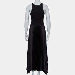 Theory Black Rib Knit & Plisse Sleeveless Asymmetric Hem Vinessi Maxi Dress S