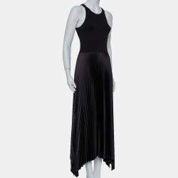 Theory Black Rib Knit & Plisse Sleeveless Asymmetric Hem Vinessi Maxi Dress S