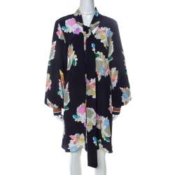 Tibi Navy Blue Camellia Print Silk Tie Neck Dress M