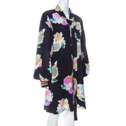 Tibi Navy Blue Camellia Print Silk Tie Neck Dress M