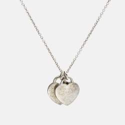 Pre Owned Tiffany & Co. Return To Tiffany Blue Enamel Double Heart Tag Sterling Silver Pendant Necklace