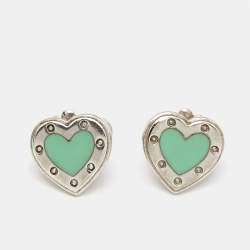 Pre Owned Tiffany & Co. Love Tiffany Blue® Enamle Heart Sterling Silver Stud Earrings