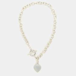 Pre Owned Tiffany & Co. Heart Tag Charm Silver Chain Toggle Necklace