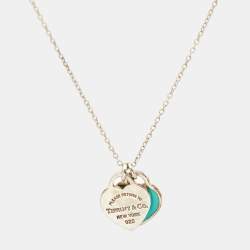 Tiffany & Co. Return to Tiffany Mini Double Heart Tag Pendant Blue Enamel Sterling Silver Chain Necklace