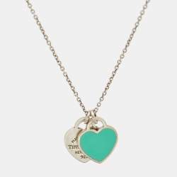 Pre Owned Tiffany & Co. Return to Tiffany Blue Enamel Double Heart Tag Sterling Silver Necklace