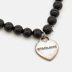 Pre Owned Tiffany & Co. Return To Tiffany Silver Heart Tag Onyx Bead Bracelet