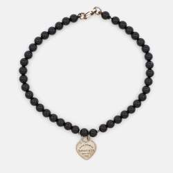 Pre Owned Tiffany & Co. Return To Tiffany Silver Heart Tag Onyx Bead Bracelet