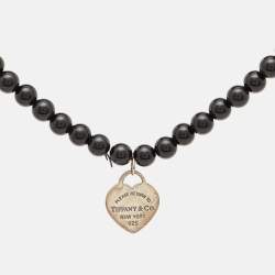 Pre Owned Tiffany & Co. Return To Tiffany Silver Heart Tag Onyx Bead Bracelet
